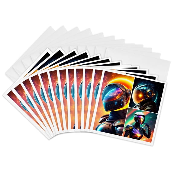 3drose, Fantasy Robots in Space. Allegory of Space Exploration Triptych Art, 12 Greeting Cards with Envelopes