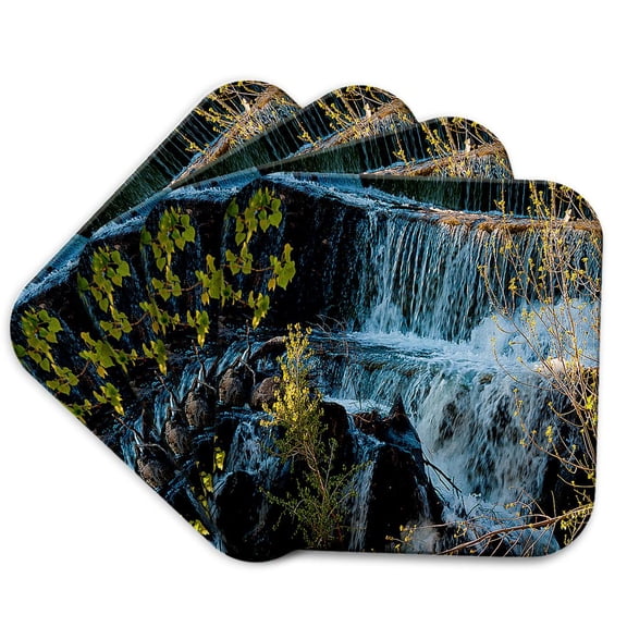 3drose, Fast Moving Waterfall Flowing over Rocks at Baker Dam in Southern, Utah with Hues of Blue and Green, Set of 4 Coasters - Soft