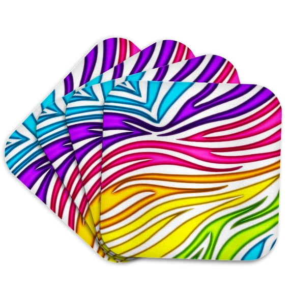 3drose, Faux Glow Effect Rainbow Multi Color Zebra Stripes Girly Trendy Pattern, Set of 4 Coasters - Soft