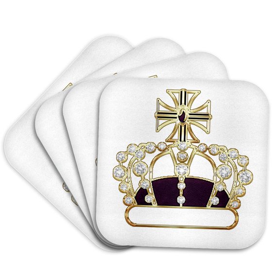 3drose, Faux Gold, Purple, and Faux Diamond Royal Crown, Set of 4 Coasters - Soft