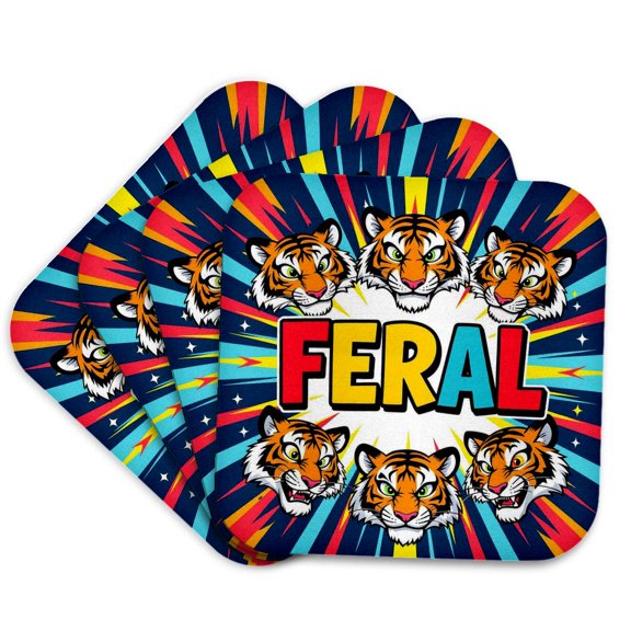 3drose, Feral Colorful Text and Faces of Angry Tigers. Sarcastic Art Gift, Set of 4 Coasters - Soft