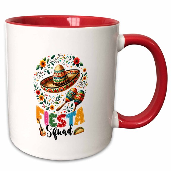 3drose, Fiesta Squad Colorful Text, Sombrero, Maracas, Floral Decoration Gift, 11oz Two-tone Red Mug