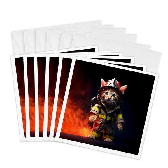 3drose, Firefighting Kitten in Firefighter Uniform, 6 Greeting Cards with Envelopes