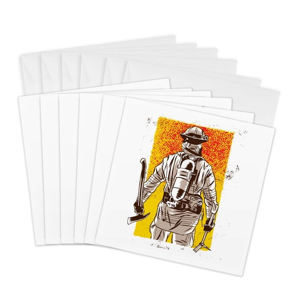 3drose, Fireman Firefighter with Yellow and Red Background, 6 Greeting Cards with Envelopes