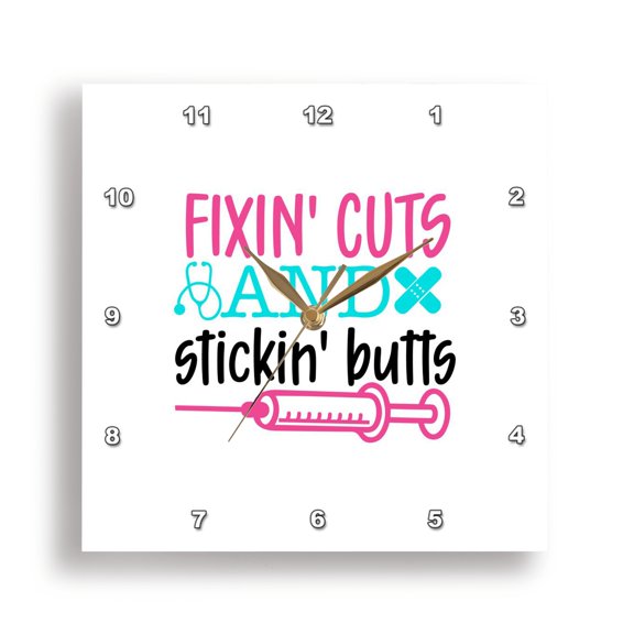 3drose, Fixing Cuts and Sticking Butts Funny Colorful Text Art. Nurse Gift, 15x15 Wall Clock