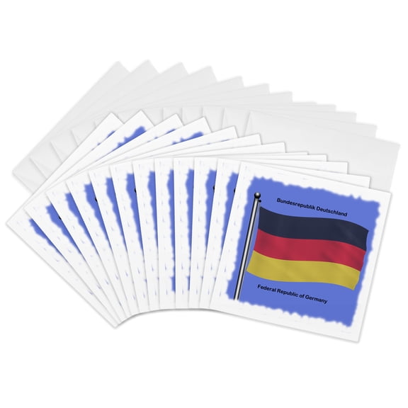 3drose, Flag of Germany Waving on Blue Background with the Federal Republic of Germany in English and German, 12 Greeting Cards with Envelopes