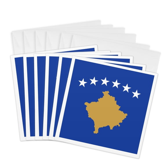 3drose, Flag of Kosovo - Blue with Six White Stars - Gold Country Shape Map - Countries of the World Flags, 6 Greeting Cards with Envelopes