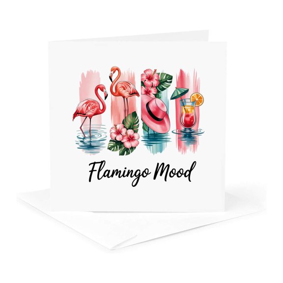 3drose, Flamingo Mood. Summer, Water, Drink, Holiday, Sea. Art Brushstrokes, 1 Greeting Card with Envelope