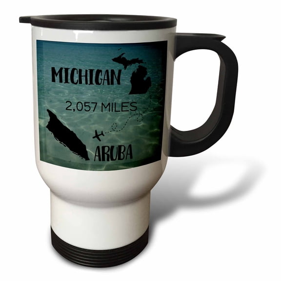 3drose, Flight Distance from Michigan to Aruba on Caribbean Sea Background., 14oz Stainless Steel Travel Mug