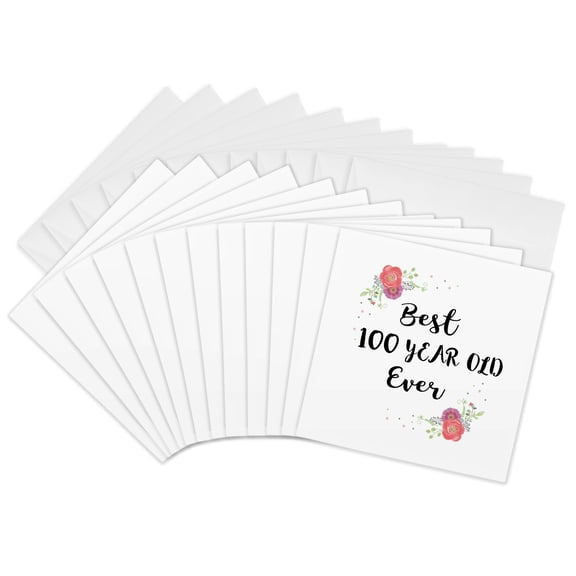 3drose, Floral Best 100 Year Old Ever Pink Flowers 100th Birthday Girl Gift, 12 Greeting Cards with Envelopes