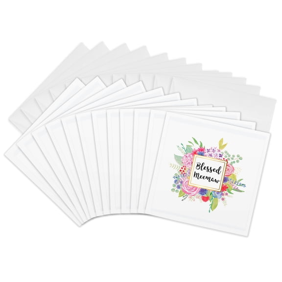 3drose, Floral Blessed Meemaw Pretty Watercolor Pink Flowers Grandma Love, 12 Greeting Cards with Envelopes