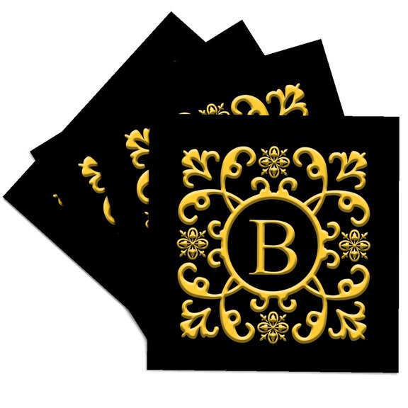 3drose, Floral Decorative Monogram. Gold on Black. Decorative Letter B, Set of 4 Ceramic Tile Coasters