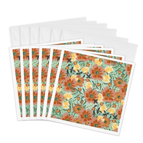 3drose, Floral, Flowers, Orange, Yellow, Green, Aqua, Leaves, Mesh, Pretty, Pattern, 6 Greeting Cards with Envelopes
