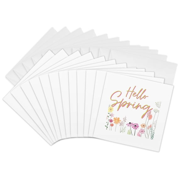 3drose, Floral Inspiration for Spring Season with a Text of Hello Spring, 12 Greeting Cards with Envelopes