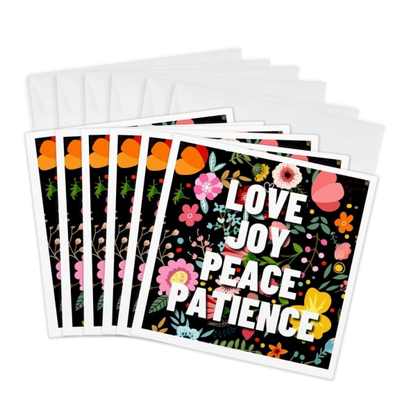 3drose, Floral Love Joy Peace Patience Motivational Quote Gift for Friends and Colleagues, 6 Greeting Cards with Envelopes