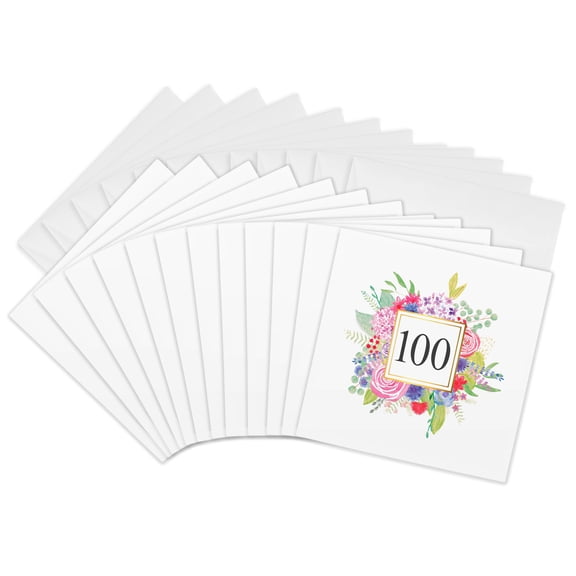 3drose, Floral Number 100 Celebrating 100 Years Old 100th Birthday Anniversary, 12 Greeting Cards with Envelopes