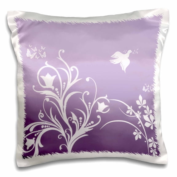 3drose, Floral Pattern in White on a Lilac Medium Purple Background with Dove and Butterflies., 16x16 inch Pillow Case