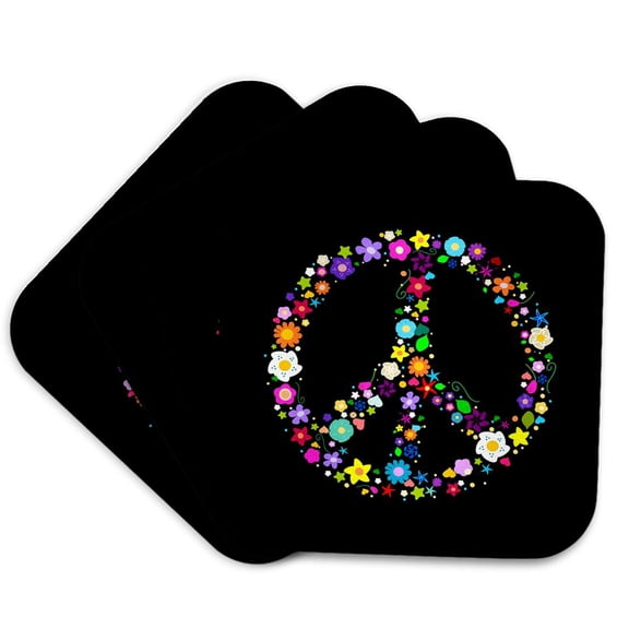 3drose, Floral Peace Symbol - Flowery Hippy or Hippie Sign - Flower Power - Colorful Flowers - on Black, Set of 4 Coasters - Cork