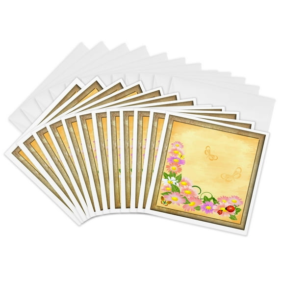 3drose, Flowers with Ladybugs and Butterflys, 12 Greeting Cards with Envelopes