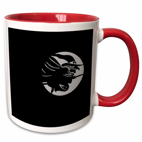 3drose, Flying Witch Sat Astride a Broomstick in Front of a Grey Moon, 11oz Two-tone Red Mug