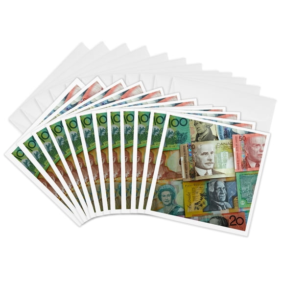 3drose, Foreign Currency, Australian, Canadian, Us and New Zealand Dollars, 12 Greeting Cards with Envelopes