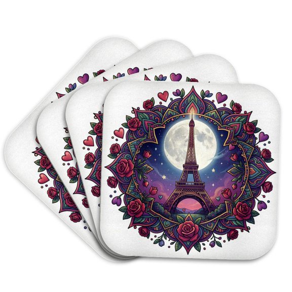 3drose, France Is Always a Good Idea. Paris Symbol, Moon, Rose Flowers Art, Set of 4 Coasters - Soft
