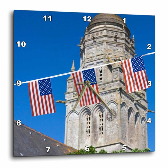 3drose, France, Normandy, Wwii Utah Beach, Church, Us Flag - Eu09 Wbi4081 - Walter Bibikow, 13x13 Wall Clock