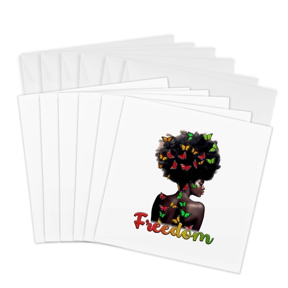 3drose, Freedom, Afro American Woman, Colorful Butterflies. Juneteenth Gift, 6 Greeting Cards with Envelopes