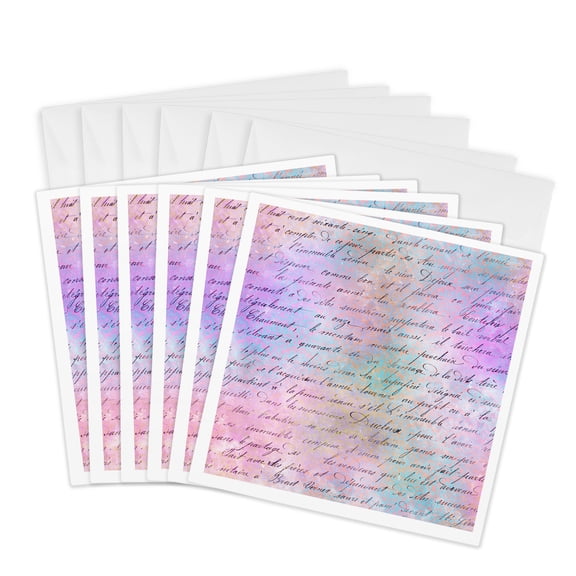 3drose, French Script Writing over Pink and Aqua Flourish Pattern, 6 Greeting Cards with Envelopes