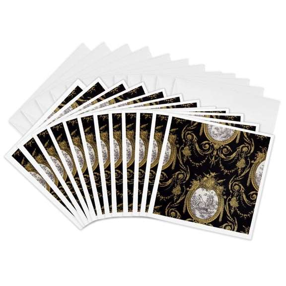 3drose, French Toile. Gold and Black., 12 Greeting Cards with Envelopes