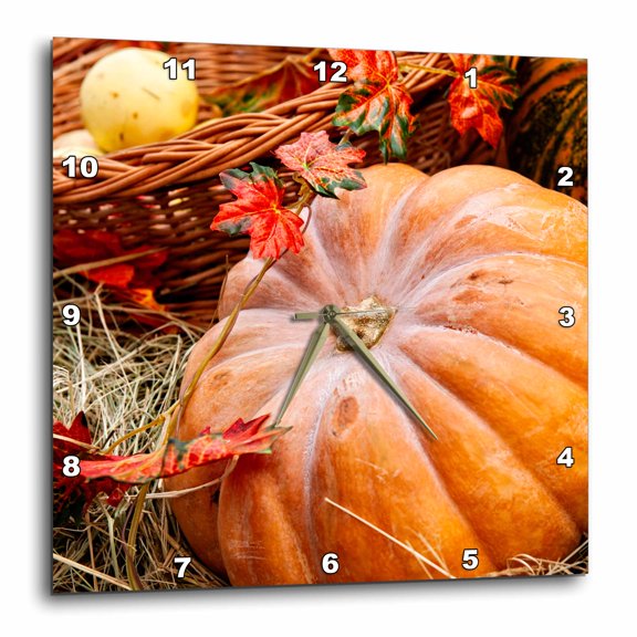 3drose, Fresh Pumpkin, Hay, Decorative Leaves. Autumn Scene, 10x10 Wall Clock