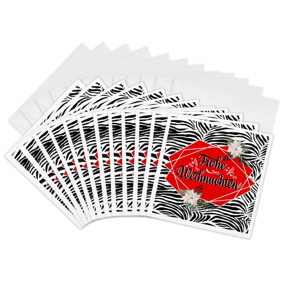 3drose, Frohe Weihnachten German Christmas Zebra Animal Print and Poinsettia, 12 Greeting Cards with Envelopes