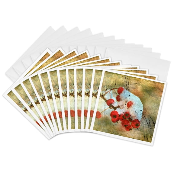 3drose, Frozen Winter Berries Grunge, 12 Greeting Cards with Envelopes