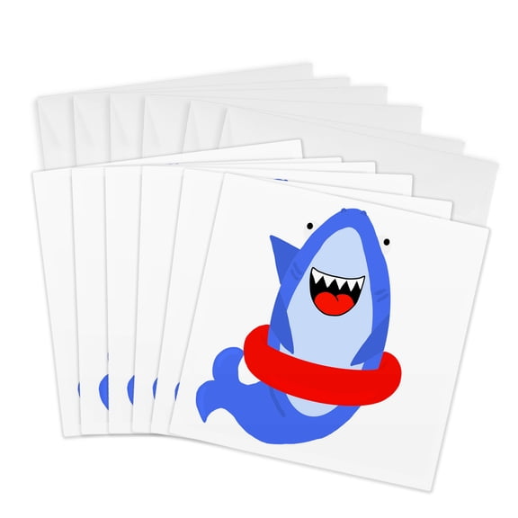 3drose, Fun Adorable Shark Wearing a Red Swim Float Ring, 6 Greeting Cards with Envelopes