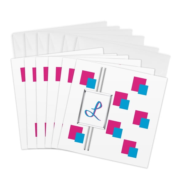 3drose, Fun Colorful Pink and Blue Squares Pattern Monogram Letter L, 6 Greeting Cards with Envelopes