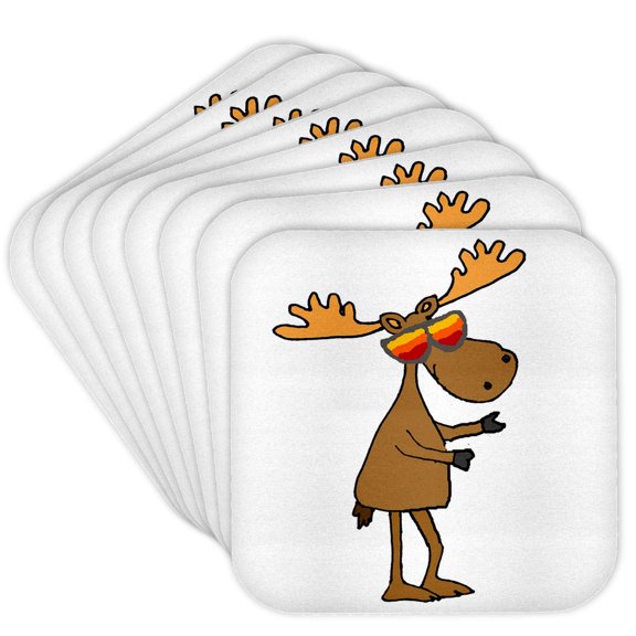 3drose, Fun Cool Moose Wearing Sunglasses Cartoon, Set of 8 Coasters - Cork