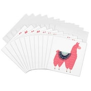 3drose, Fun Creative Fluffy Pink Llama Wearing a Saddle Blanket, 12 Greeting Cards with Envelopes