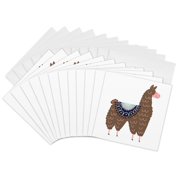 3drose, Fun Cute Brown and Pink Llama Wearing a Saddle Blanket Art, 12 Greeting Cards with Envelopes