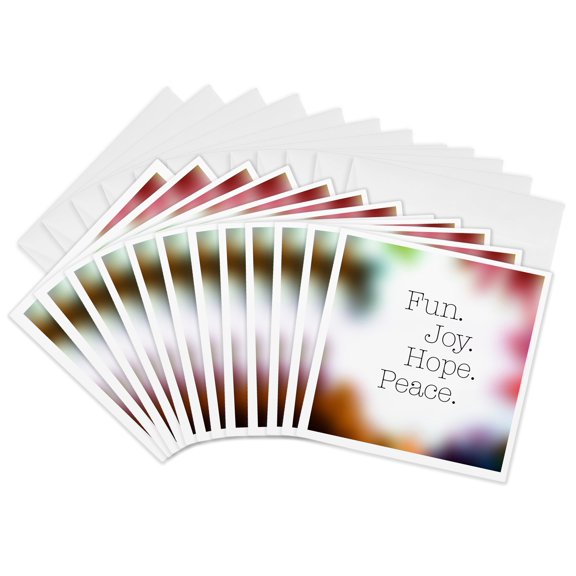3drose, Fun. Joy. Hope. Peace. Written on White with Colorful Blurred Corners., 12 Greeting Cards with Envelopes