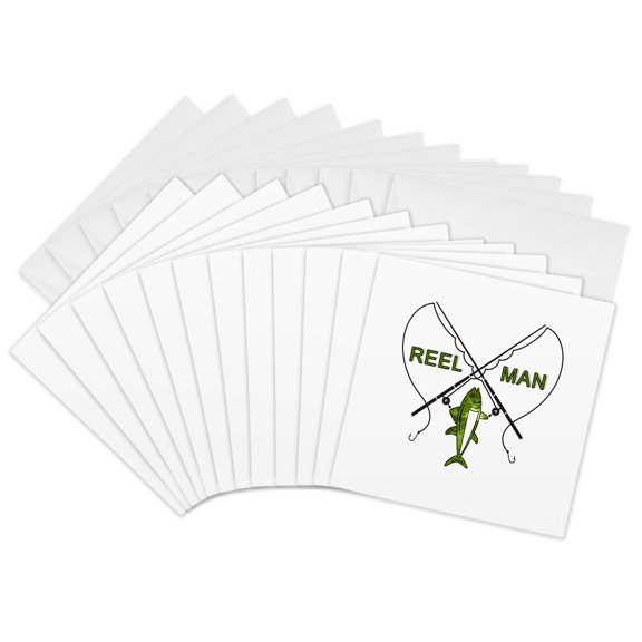 3drose, Fun Reel Man Fish Theme Play on Words in Green Watercolor, 12 Greeting Cards with Envelopes