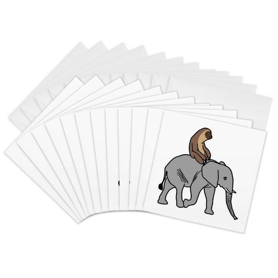 3drose, Fun Silly Lazy Sloth Riding an Elephant, 12 Greeting Cards with Envelopes