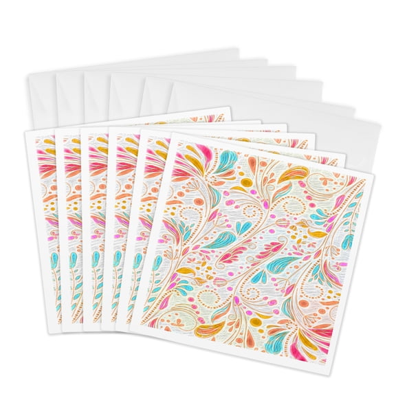 3drose, Funky Bright Neon Colors Doodle Foliage Leaves Modern Nature Abstract Design, 6 Greeting Cards with Envelopes