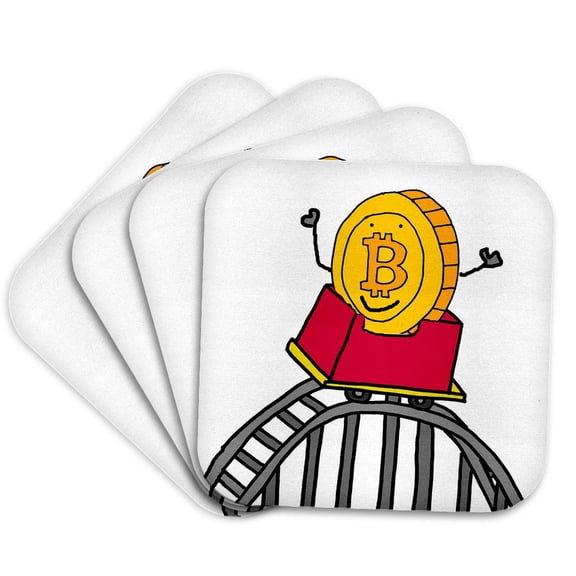 3drose, Funny Bitcoin Cryptocurrency Coin Riding Roller Coaster Digital Money, Set of 4 Coasters - Soft
