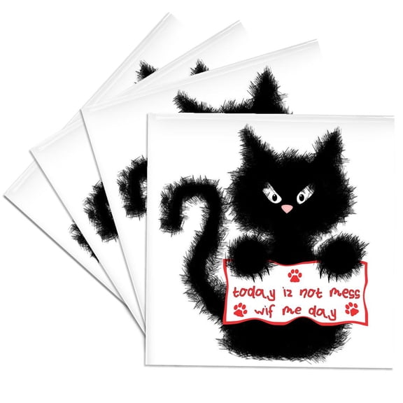 3drose, Funny Black Fuzzy Cat Today Is Not Mess Wif Me Day, Set of 4 Ceramic Tile Coasters