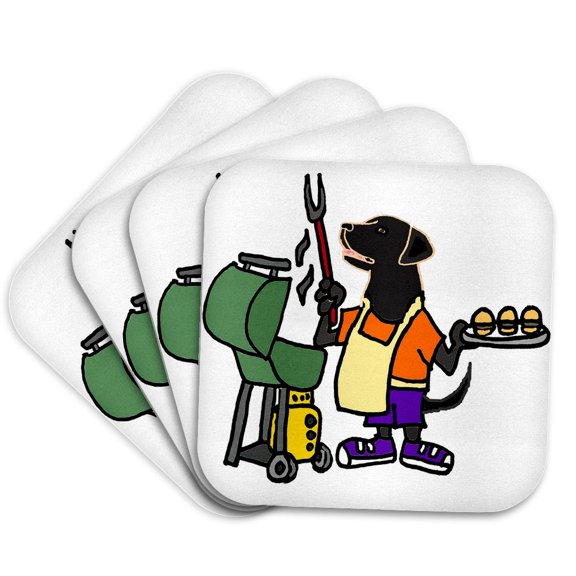 3drose, Funny Black Labrador Retriever Grilling Hamburgers Cartoon, Set of 4 Coasters - Cork