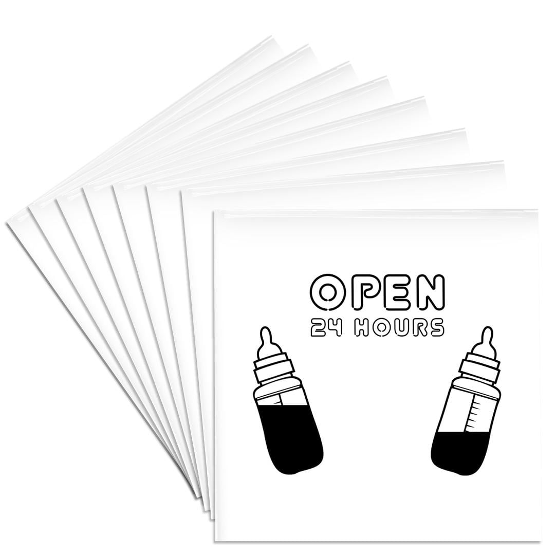 3drose, Funny Breast Feeding Design with Two Baby Bottles and Open 24 Hrs Sign, Set of 8 Ceramic Tile Coasters