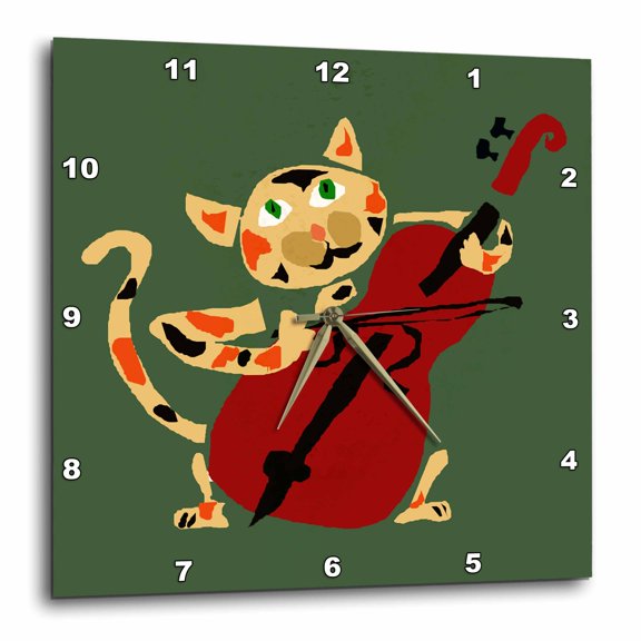 3drose, Funny Calico Cat Playing Red Cello, 13x13 Wall Clock