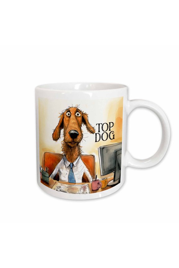 , Funny Cartoon Dog in Shirt and Tie Office Desk Top Dog Business Humor, 11oz Mug
