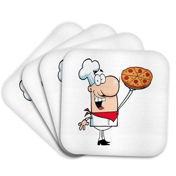 3drose, Funny Cartoon Pizza Pie Chef, Set of 4 Coasters - Soft