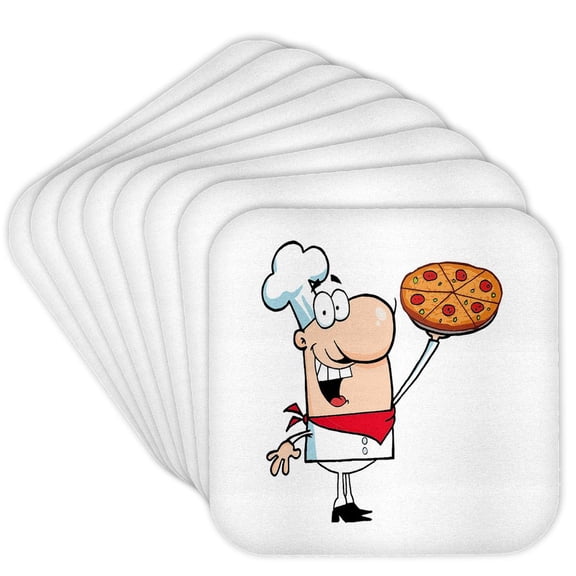 3drose, Funny Cartoon Pizza Pie Chef, Set of 8 Coasters - Cork